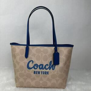 Coach City Tote Bag Signature Canvas W Coach Graphic Sand/Pacific Blue CY705 NWT